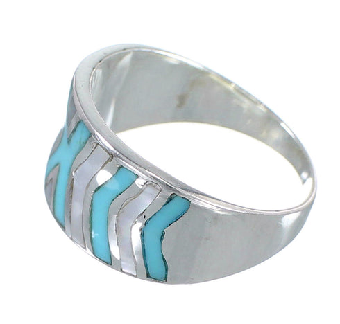 Turquoise And Mother Of Pearl Inlay Genuine Sterling Silver Ring Size 6-1/4 AX83226